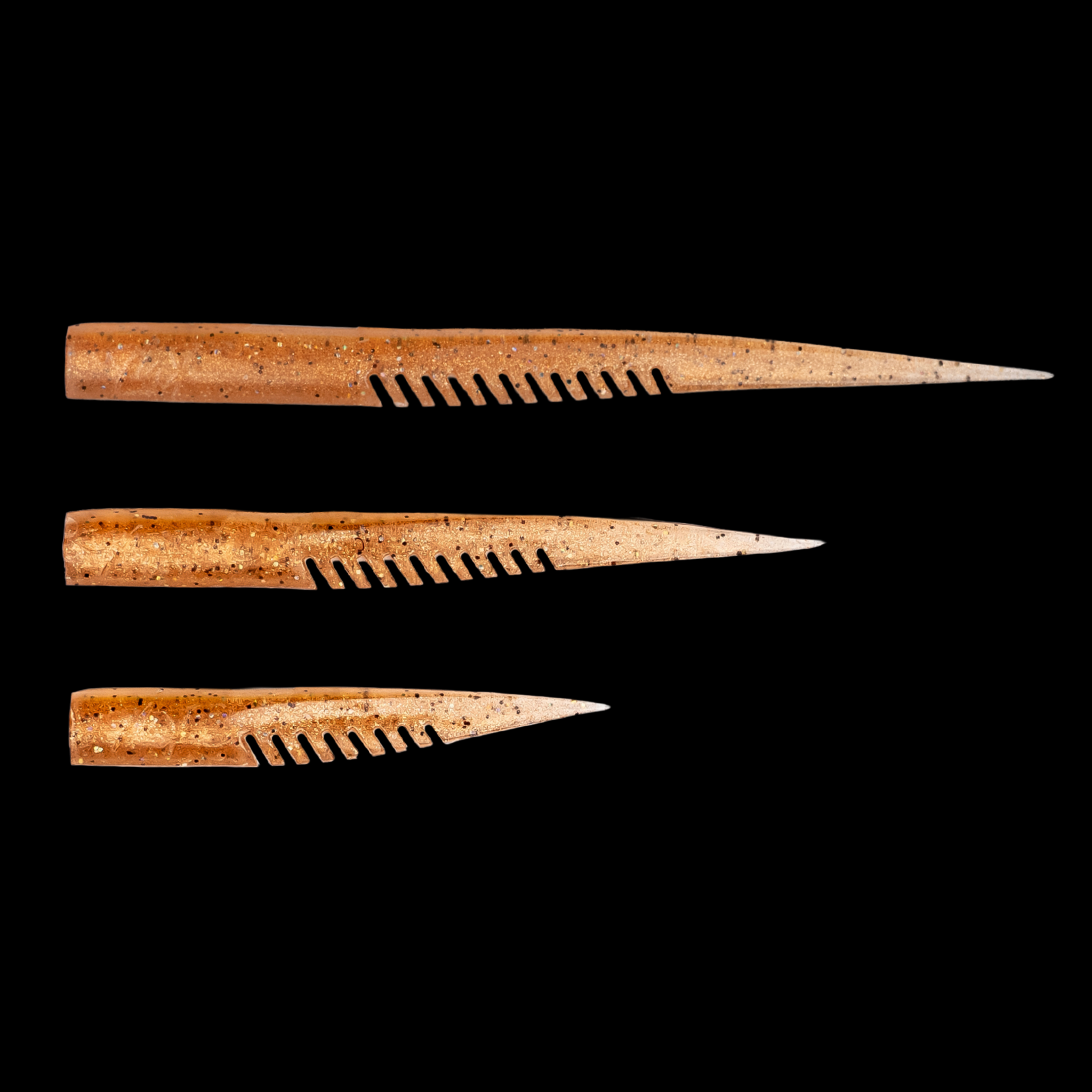 Three brown lures in each product size