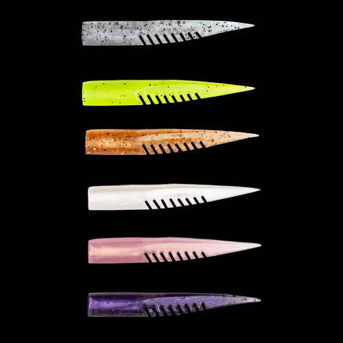 Set of colorful plastic fishing lures with a comb-like texture on a black background