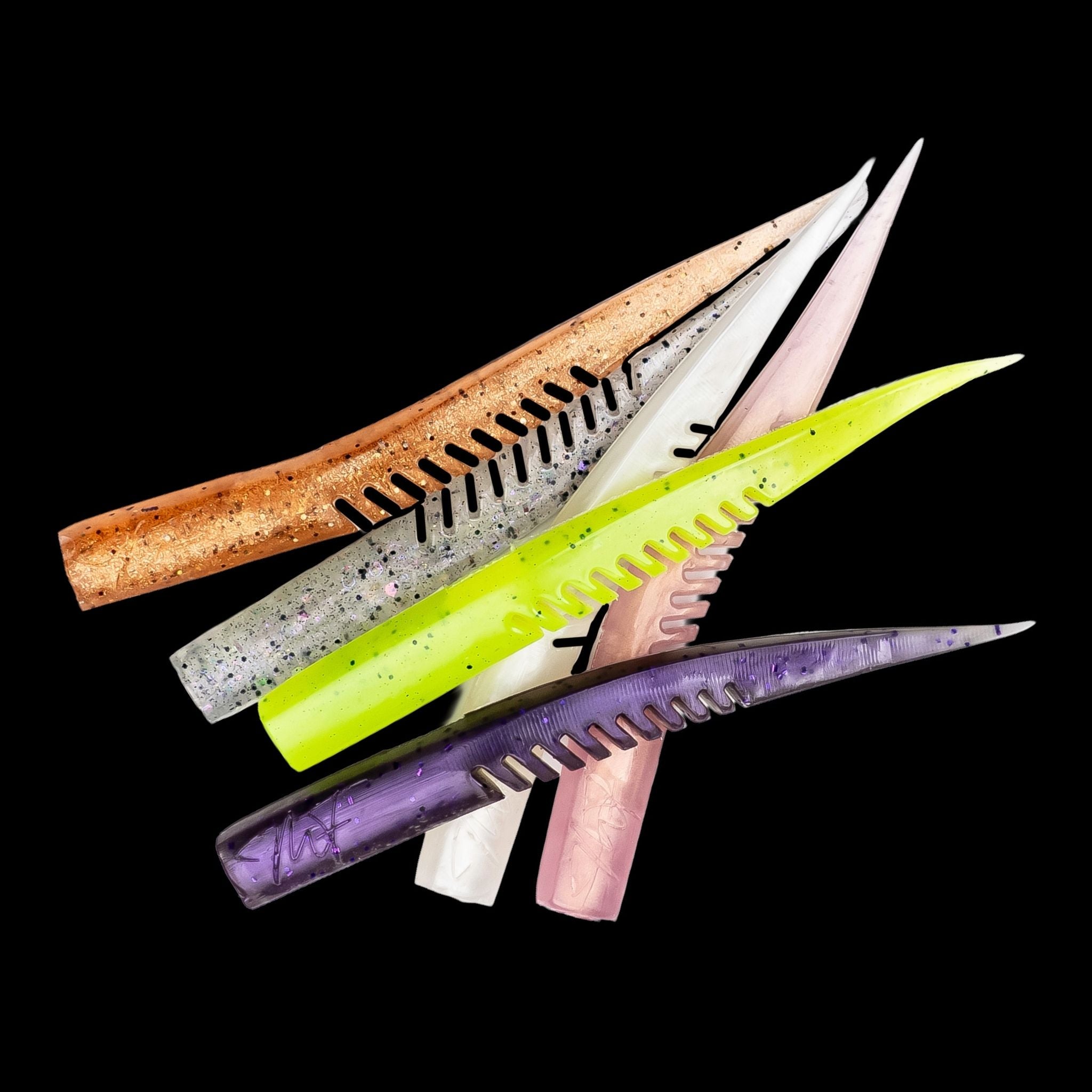 Set of colorful fishing lures with different patterns on a black background