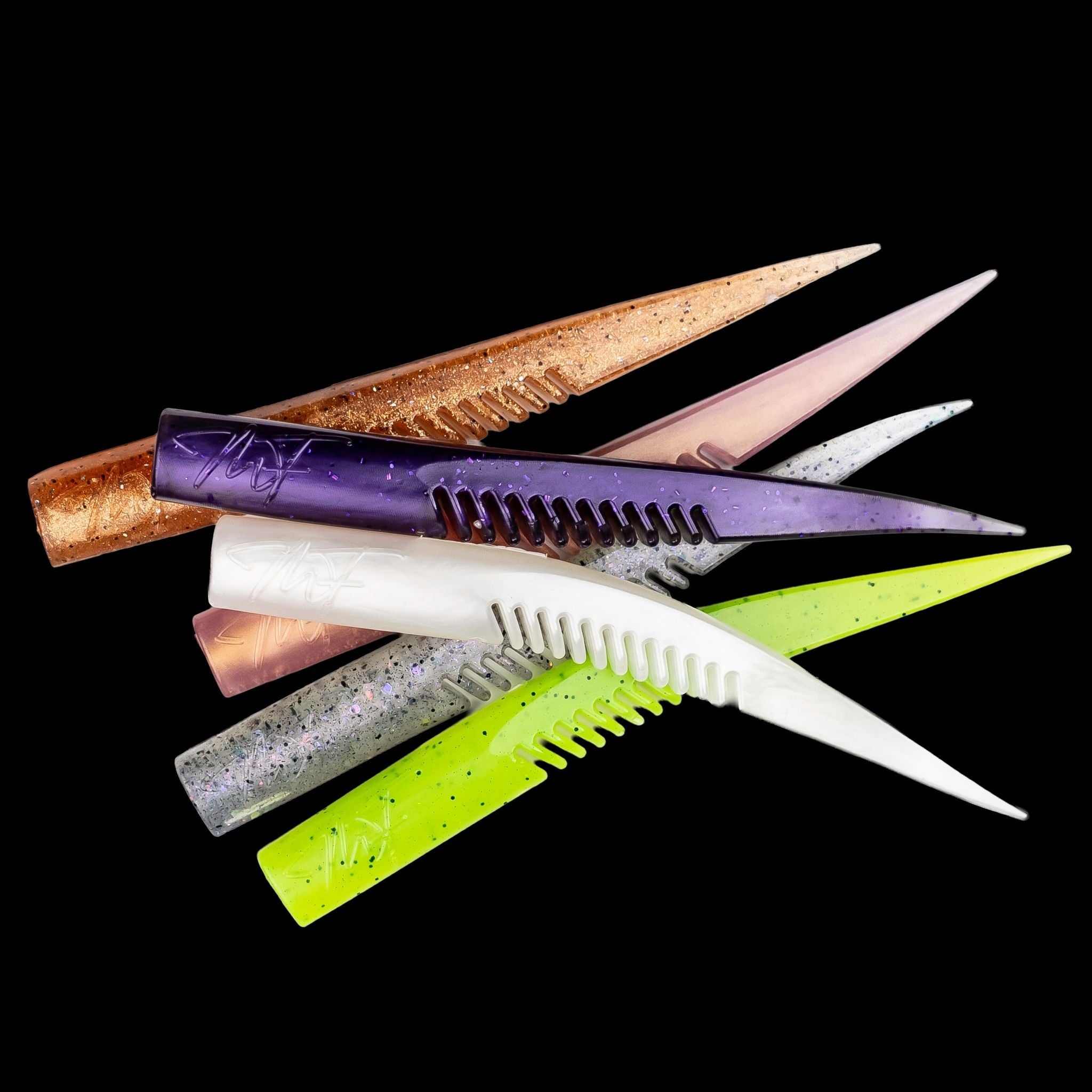 Assorted fishing lures with different colors  on a black background
