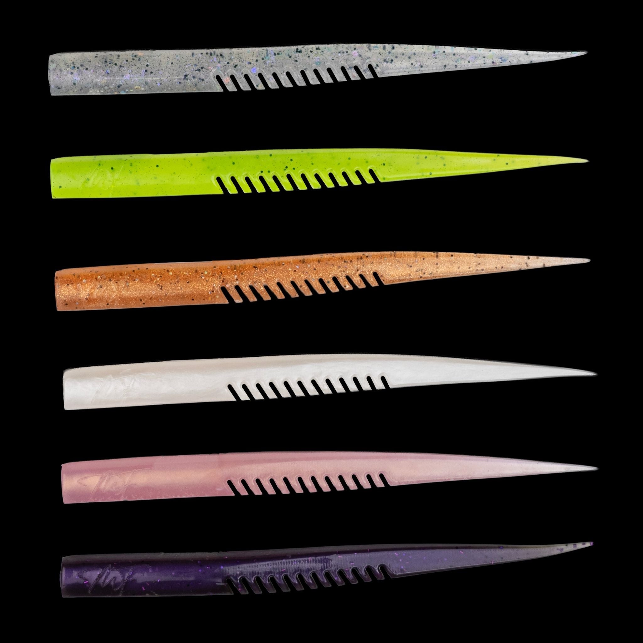 Set of six colorful lures on a black background