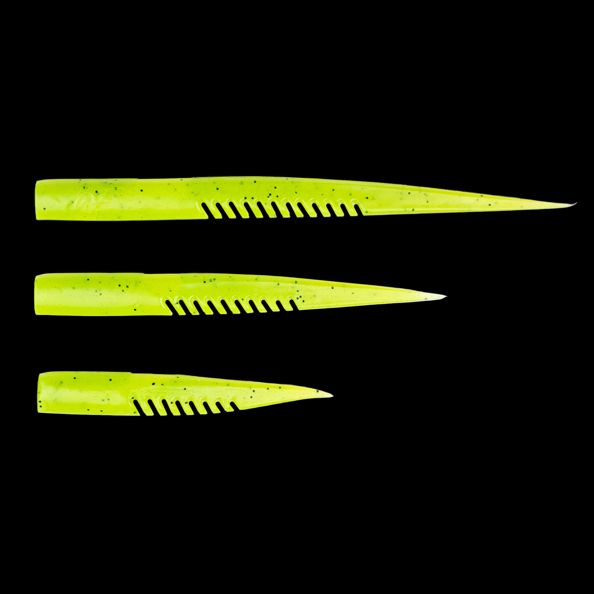 Three yellow fishing lures with a black background