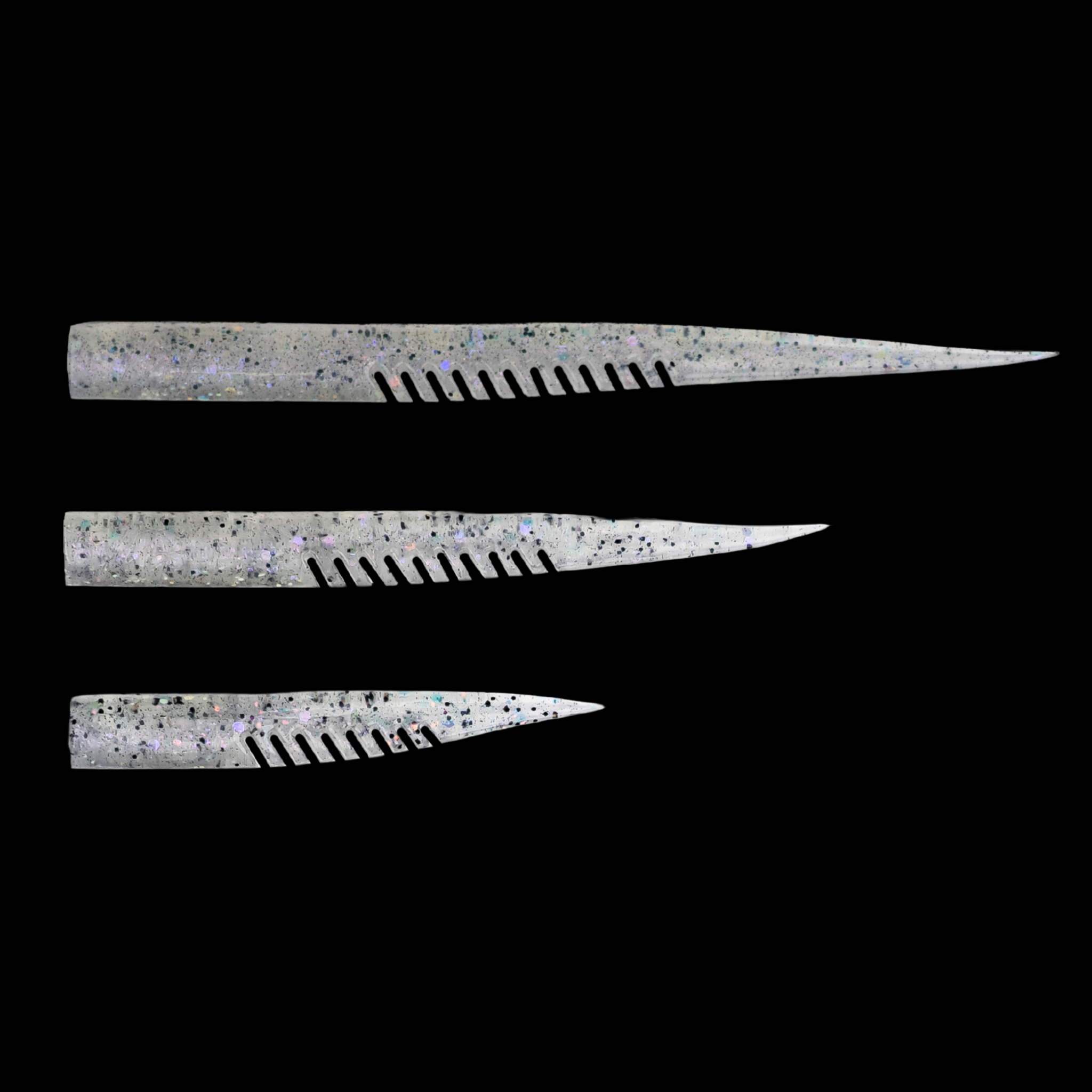 Three silver lures in each product size