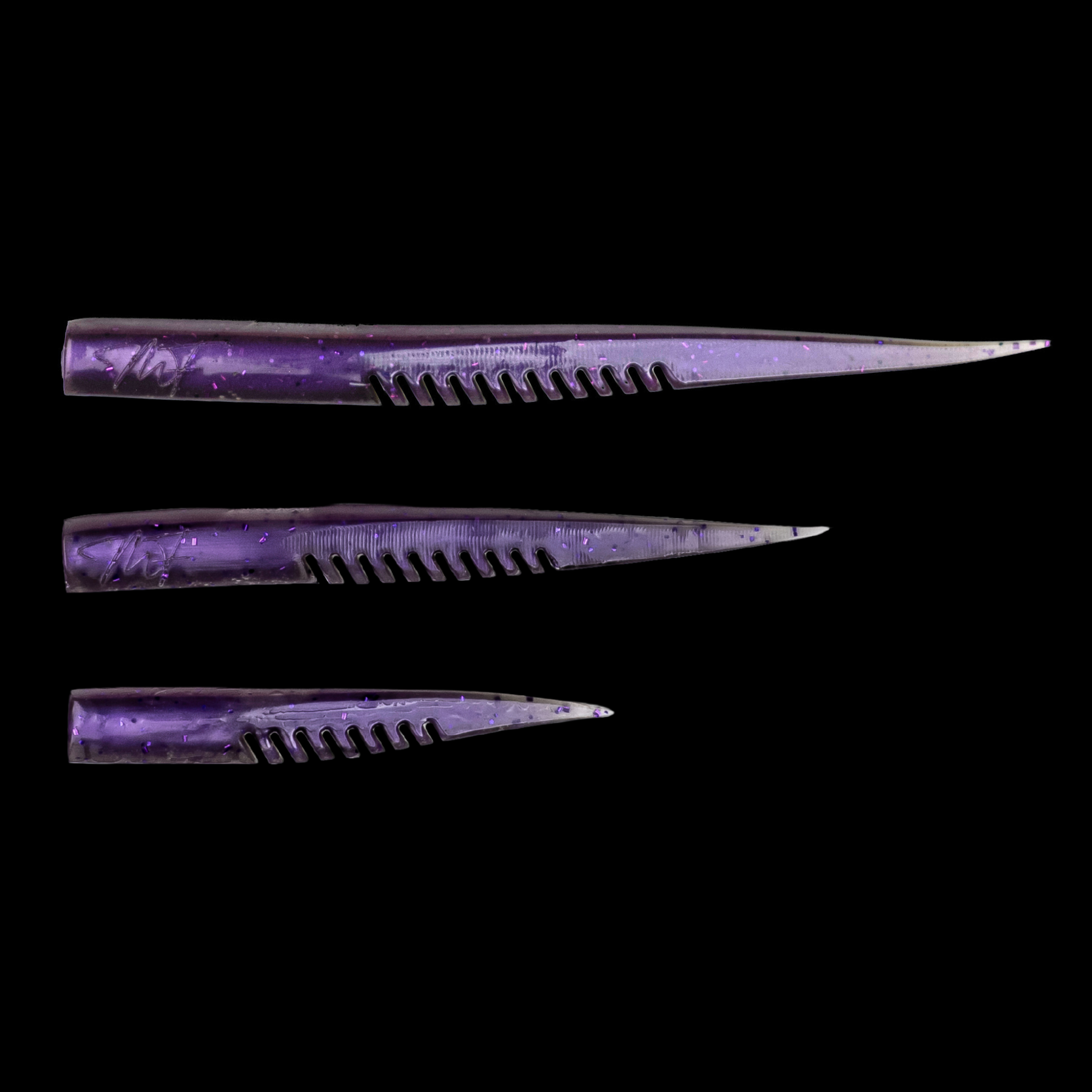 Three purple lures in each product size